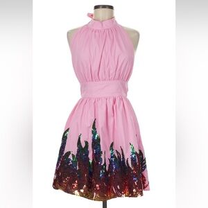 QUEEN OF SPARKLES Pink Backless Dress with Multicolor FLAMES Sequin Detail, NWOT